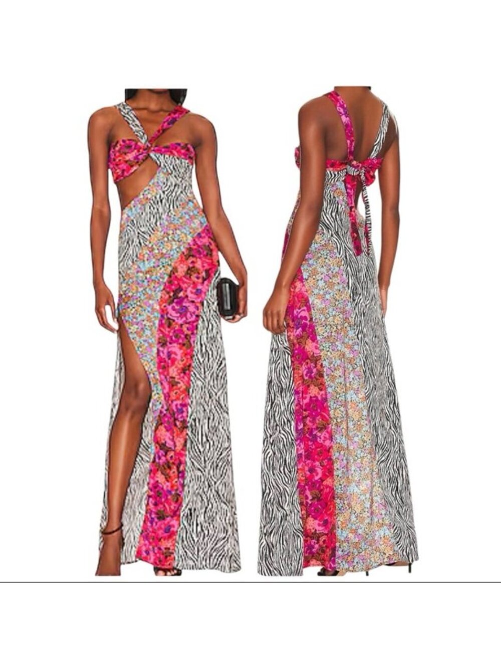 For Love & Lemons Rita Mixed Print Maxi Dress Zebra Floral Patterns Cutout Small